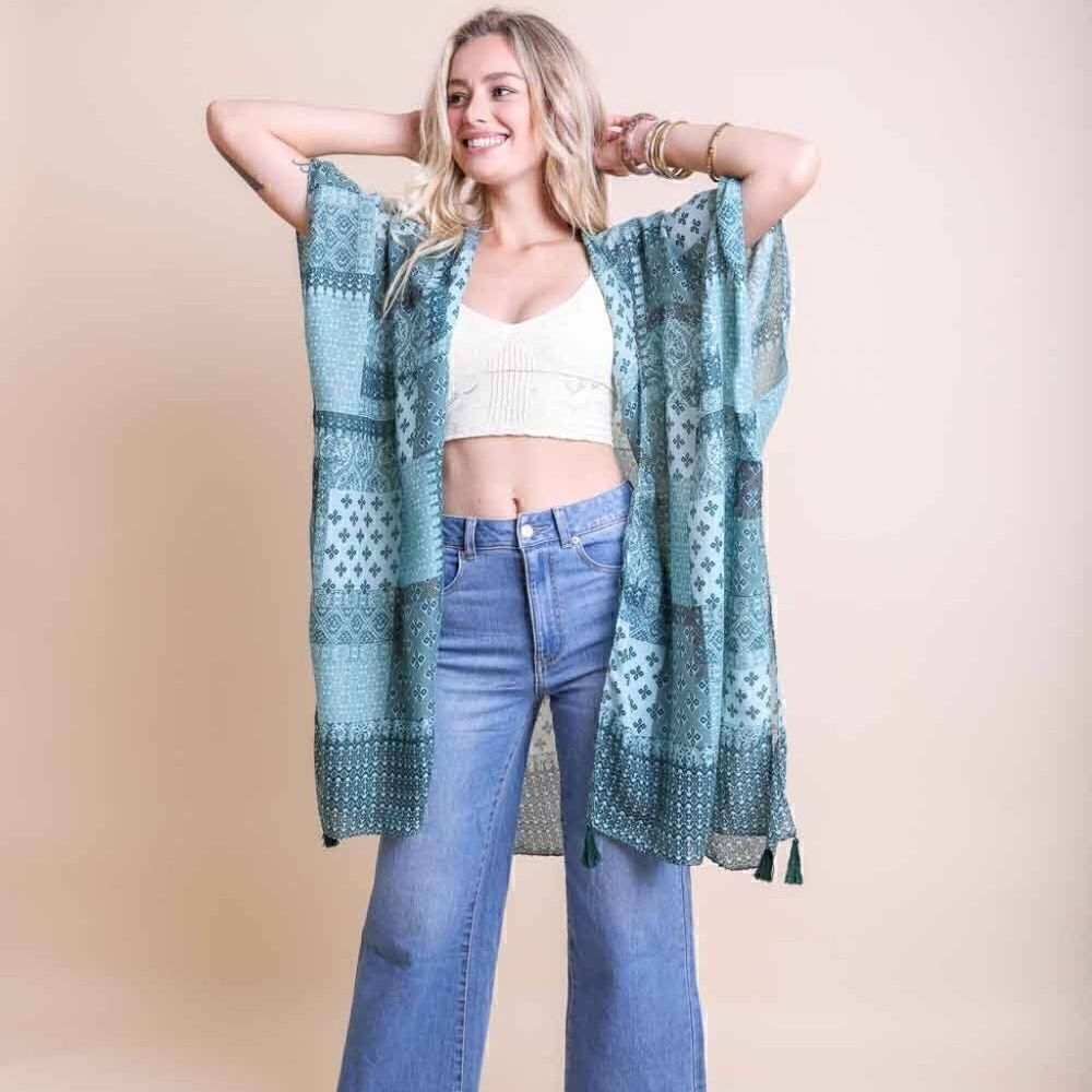 NEW! Boho Print Kimono Teal Blue Patchwork One Size Hippie Beach Cover Up